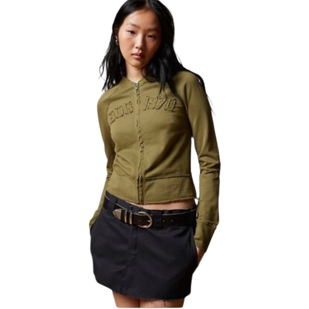 BDG 1970 by Urban Outfitters Zip-Up Raw Hem Sweatshirt in Olive Green Size L